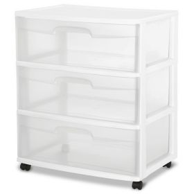 3 Drawer Wide Plastic Storage Cart with Clear Pull Out Drawers, Black (Color: White)